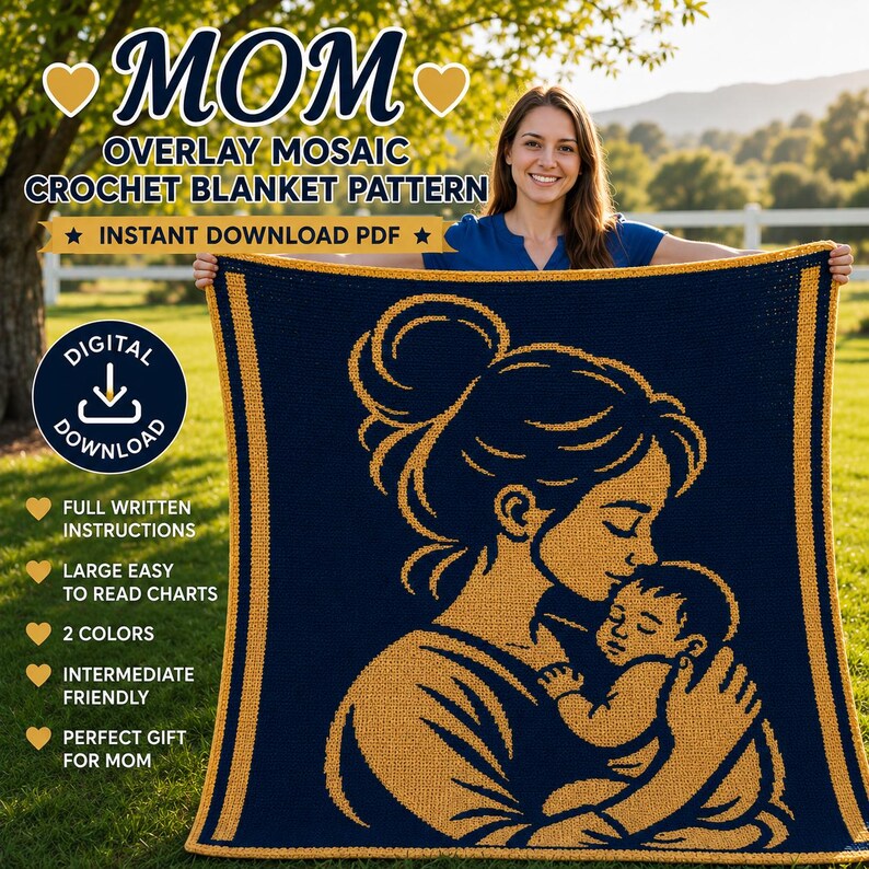 May include: A navy blue and gold crochet blanket pattern featuring a mother and child design. The blanket has a border and the word "MOM" at the top. The pattern is an instant digital download with full instructions and easy-to-read charts.
