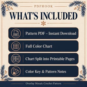 May include: A beige informational graphic titled WHAT'S INCLUDED with dark blue rounded rectangular buttons listing: Pattern PDF &ndash; Instant Download, Full Color Chart, Chart Split into Printable Pages, and Color Key & Pattern Notes.