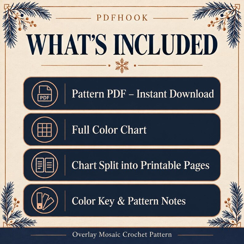May include: A beige informational graphic titled WHAT'S INCLUDED with dark blue rounded rectangular buttons listing: Pattern PDF &ndash; Instant Download, Full Color Chart, Chart Split into Printable Pages, and Color Key & Pattern Notes.