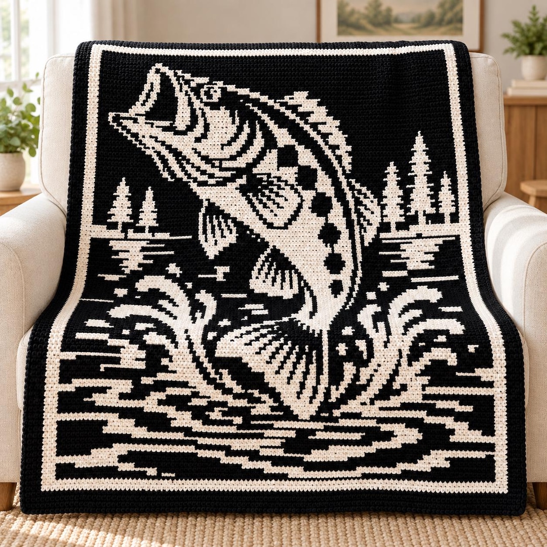 Bass fish mosaic crochet blanket pattern, a gift for fishermen