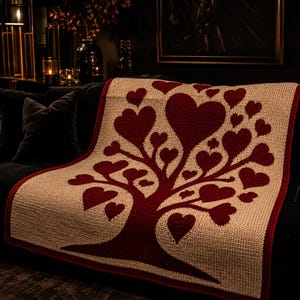 May include: A beige throw blanket with a burgundy heart tree design. The blanket is draped over a dark gray sofa. The tree has a trunk and branches with heart-shaped leaves and a burgundy border.