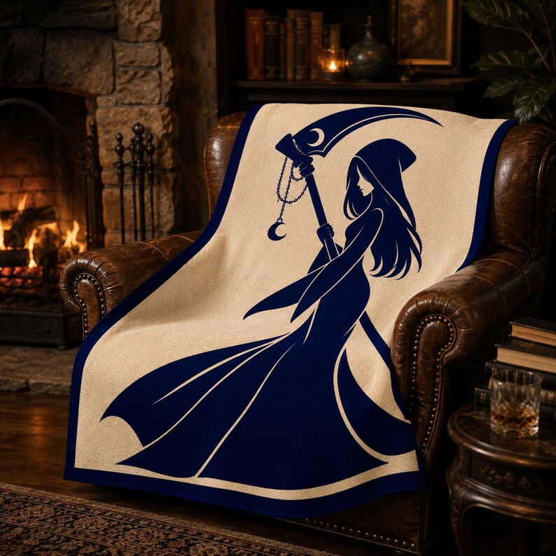 May include: A rectangular throw blanket with a cream-coloured base and a dark navy blue graphic print. The design features a hooded figure in a long flowing gown holding a large scythe with a crescent moon charm hanging from the handle.