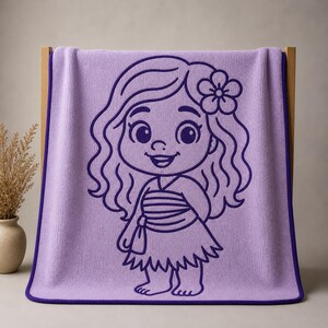May include: A lavender beach towel featuring a cartoon illustration of a smiling girl with long wavy hair and a flower. The outline of the girl is in dark purple. The towel has a dark purple border.