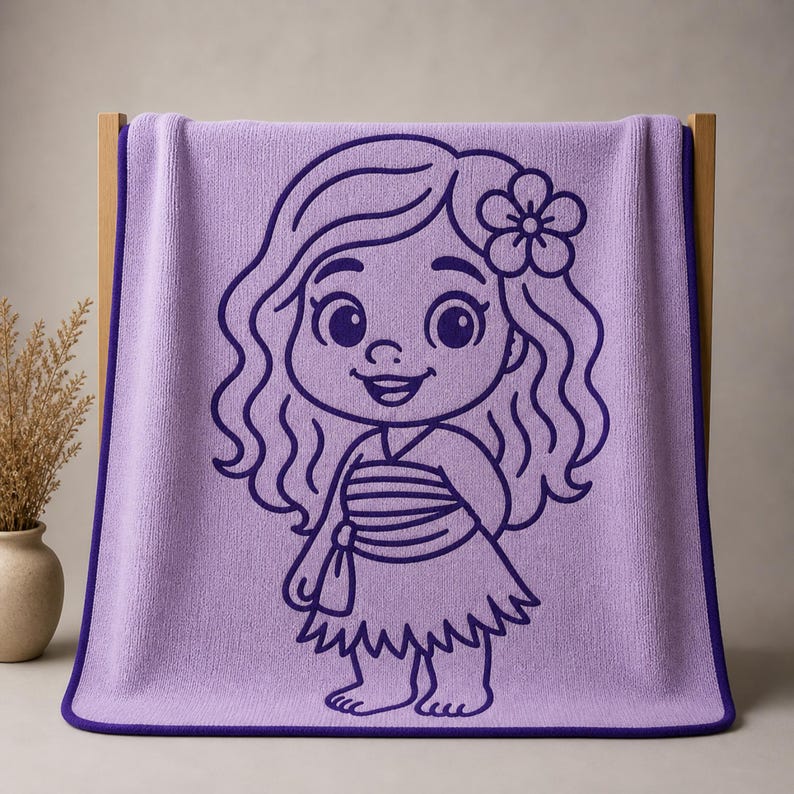 May include: A lavender beach towel featuring a cartoon illustration of a smiling girl with long wavy hair and a flower. The outline of the girl is in dark purple. The towel has a dark purple border.