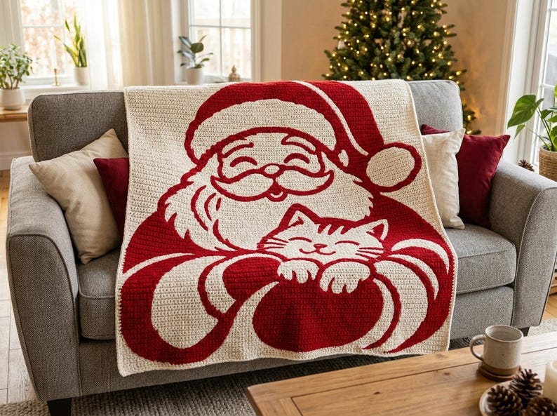 Santa Crochet Blanket Pattern, Christmas Cat Mosaic PDF image 5