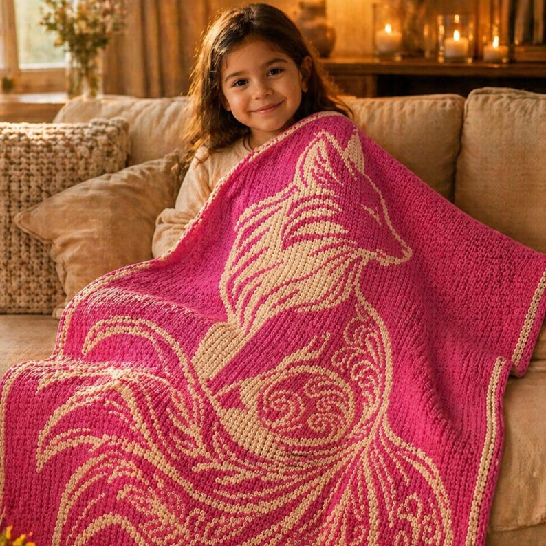 May include: A pink knitted blanket with a cream-colored fox design. The blanket is draped over a person sitting on a beige couch. The fox design is detailed and covers most of the blanket's surface. The blanket's edges are trimmed with a cream-colored border.