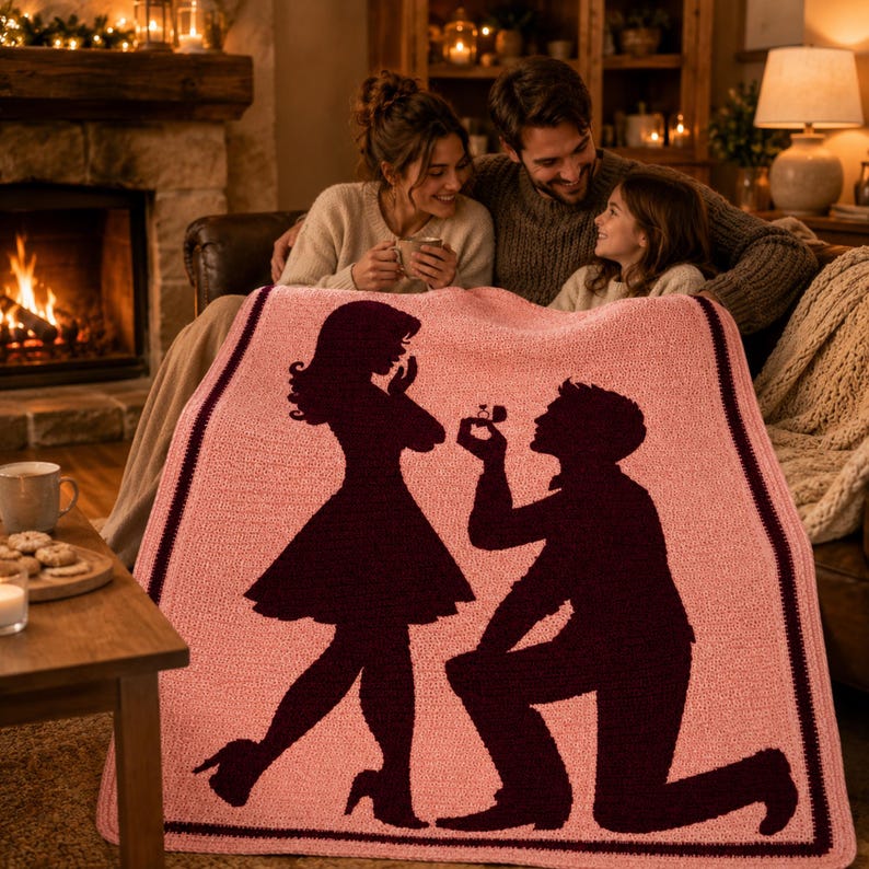 Pode incluir: Um cobertor de malha rosa com uma borda bord&ocirc; escura, apresentando uma silhueta de uma cena de proposta. O design mostra um homem ajoelhado oferecendo um anel a uma mulher. No fundo, uma fam&iacute;lia reunida em frente a uma lareira.