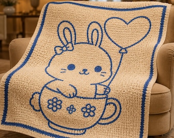 Bunny Teacup Mosaic Crochet Pattern, Overlay Mosaic Blanket PDF, Rabbit Nursery Decor, Beginner Crochet Chart, Cute Baby Shower Gift