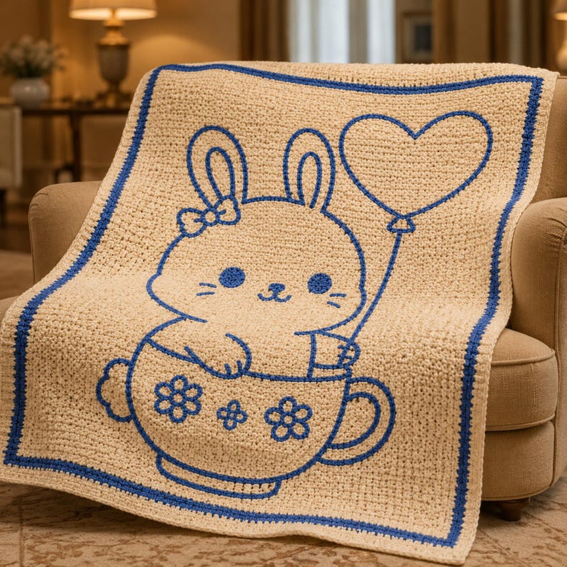 May include: A cream-colored crochet blanket featuring a blue outline of a bunny holding a heart-shaped balloon. The bunny is sitting in a teacup with flower details. The blanket has a blue border and is draped over a beige armchair.