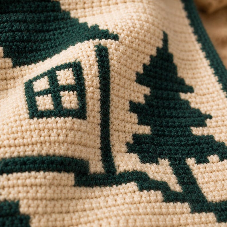 Pode incluir: Um tecido de croch&ecirc; na cor creme com um padr&atilde;o em verde-floresta escuro de uma casa com uma janela quadrada e um pinheiro alto. O tecido exibe um padr&atilde;o de pontos denso e texturizado com um contraste claro entre o verde escuro e o creme.