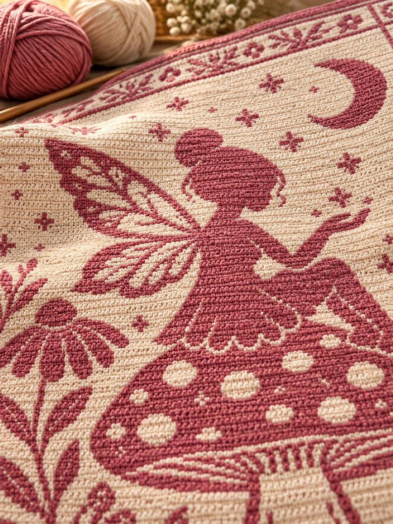 May include: A cream-colored crochet blanket featuring a dark pink tapestry design of a fairy sitting on a large mushroom. The pattern includes a crescent moon, stars, and floral elements. The texture shows individual crochet stitches throughout.