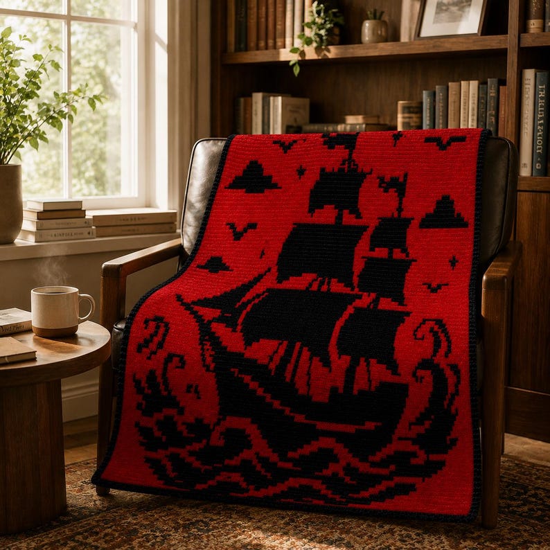 May include: A rectangular crochet blanket featuring a bold red background with a black pixelated design of a sailing ship on the ocean. The pattern includes black clouds, birds, and stylized waves surrounding the ship, finished with a black border.