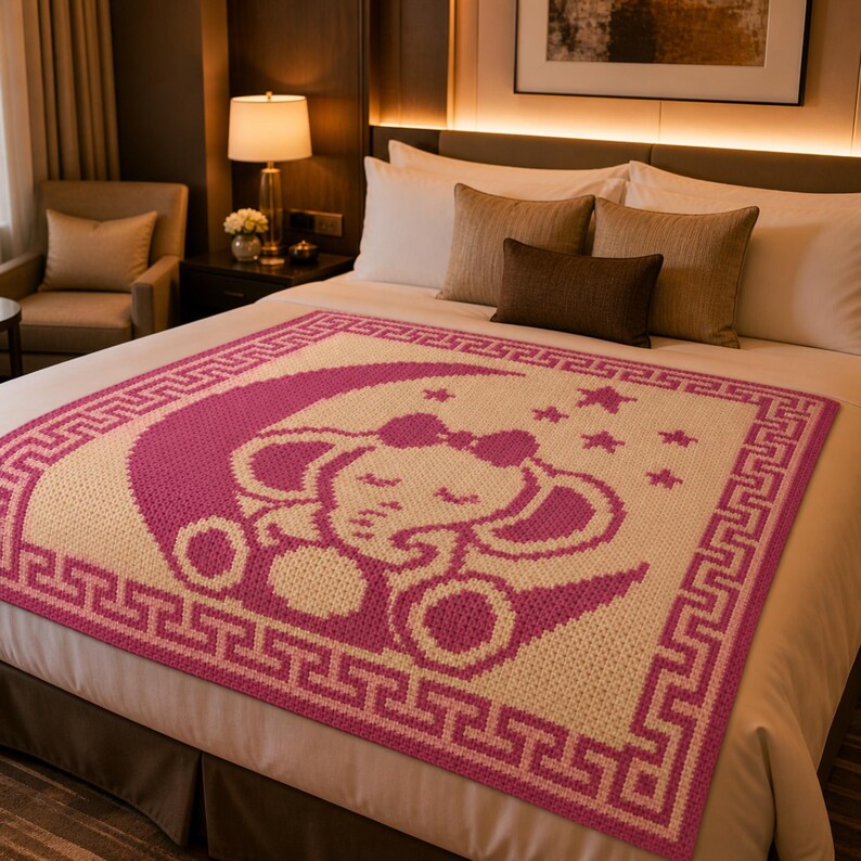 May include: A pink and cream-colored crochet blanket featuring a sleeping elephant design within a crescent moon. The blanket has a Greek key border and star accents, perfect for a nursery or child's room.