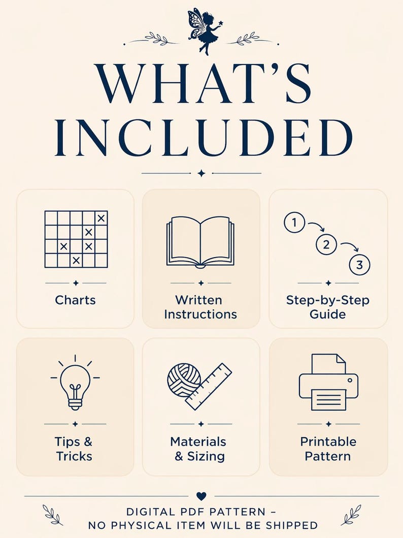 Op de afbeelding: Cr&egrave;mekleurige afbeelding met de tekst "WHAT'S INCLUDED" en pictogrammen die diagrammen, schriftelijke instructies, een stapsgewijze handleiding, tips & trucs, materialen & maten en een afdrukbaar patroon vertegenwoordigen. De tekst "DIGITAL PDF PATTERN - NO PHYSICAL ITEM WILL BE SHIPPED" is ook opgenomen.