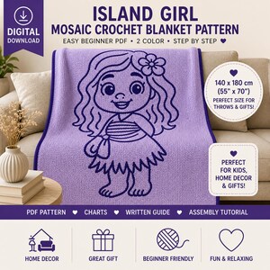 May include: A purple mosaic crochet blanket pattern featuring a cartoon girl design. The blanket measures 55" x 70" and is suitable for throws and gifts. The pattern is beginner-friendly and includes a PDF, charts, and a written guide.