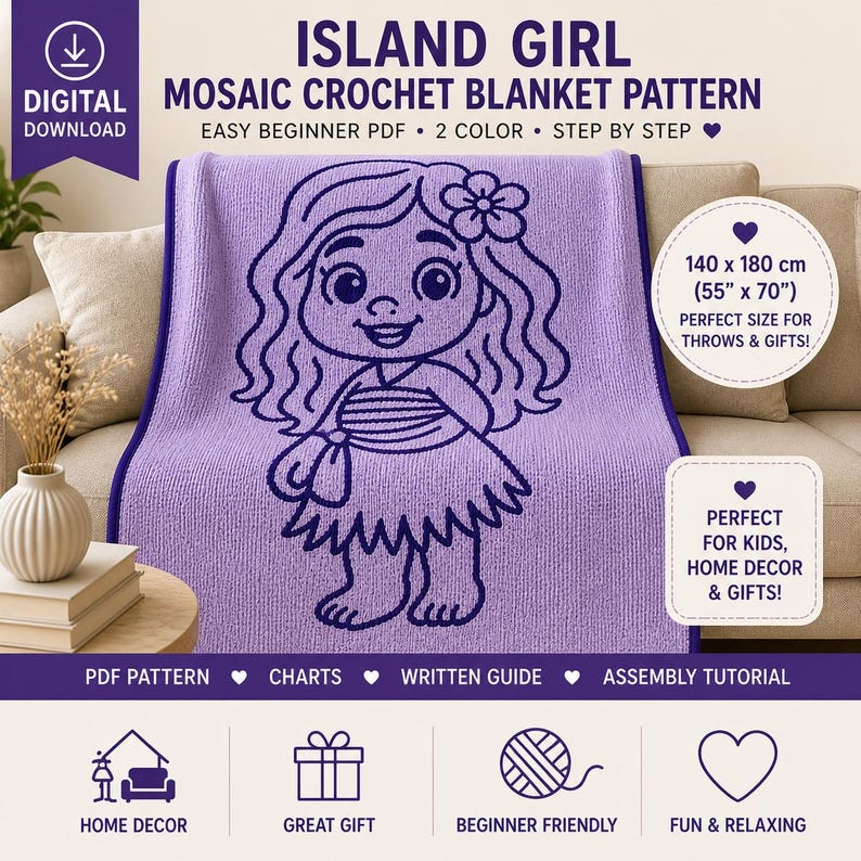 May include: A purple mosaic crochet blanket pattern featuring a cartoon girl design. The blanket measures 55" x 70" and is suitable for throws and gifts. The pattern is beginner-friendly and includes a PDF, charts, and a written guide.