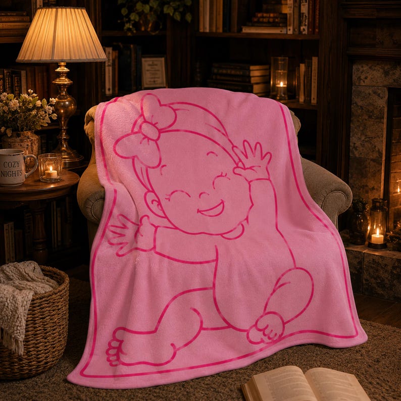 Pu&ograve; includere: Una coperta rosa per bambini con un grande contorno di una bambina sorridente che saluta. La coperta &egrave; drappeggiata su una sedia in un ambiente accogliente, con una lampada e libri sullo sfondo. La coperta &egrave; realizzata in materiale morbido.