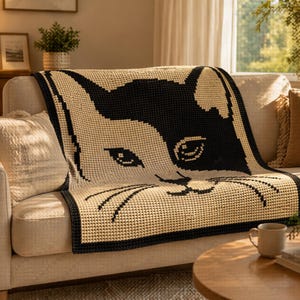 Peut inclure: Une couverture au crochet noire et beige représentant un grand visage de chat. La couverture est drapée sur un canapé beige. Les yeux, le nez et les moustaches du chat sont visibles. La bordure de la couverture est noire.