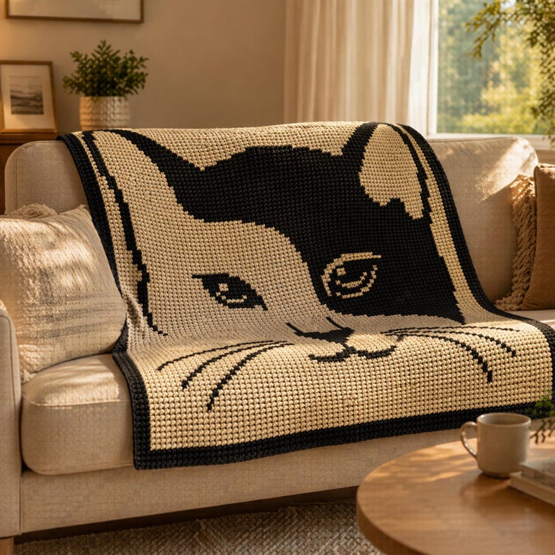 May include: A black and tan crochet blanket featuring a large cat face design. The blanket is draped over a beige sofa, with the cat's eyes, nose, and whiskers clearly visible. The blanket's border is black, and the sofa has a neutral color.