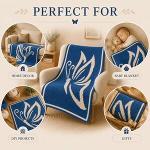 May include: A blue blanket with a white butterfly design. The blanket is shown on a chair, a sofa, and as a baby blanket. The image also shows the blanket as a DIY project and a gift. The text "PERFECT FOR" is at the top of the image.