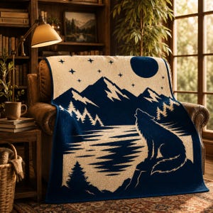 May include: A woven throw blanket featuring a dark blue and cream landscape design. The pattern depicts a wolf howling at a full moon above a lake, surrounded by mountain peaks, pine trees, and a starry night sky. The blanket has a textured finish.