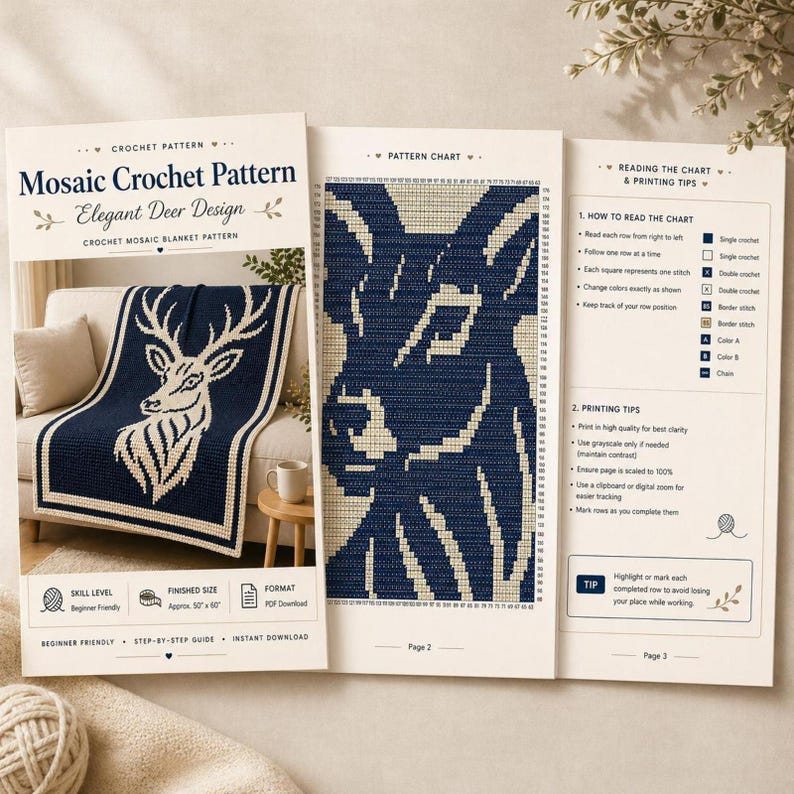 May include: A crochet pattern for an elegant deer design mosaic blanket. The pattern includes a chart and instructions. The finished size is approximately 50 x 60 inches. The blanket features a navy blue background with a cream-colored deer.