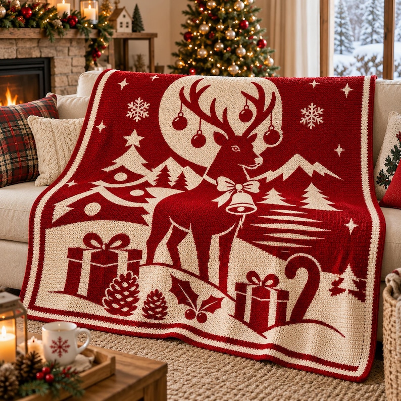 Christmas Crochet Blanket Pattern Bundle, 3 Overlay Mosaic PDFs, Snowman Reindeer Steam Train, Holiday Afghan, Instant Download image 4