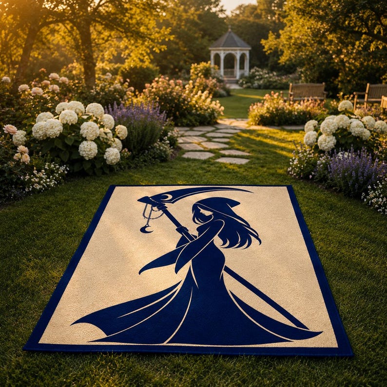 May include: A rectangular area rug featuring a dark blue silhouette of a hooded figure holding a large scythe with a crescent moon charm. The rug has a cream-coloured background and a dark blue border, displayed flat on a green lawn.