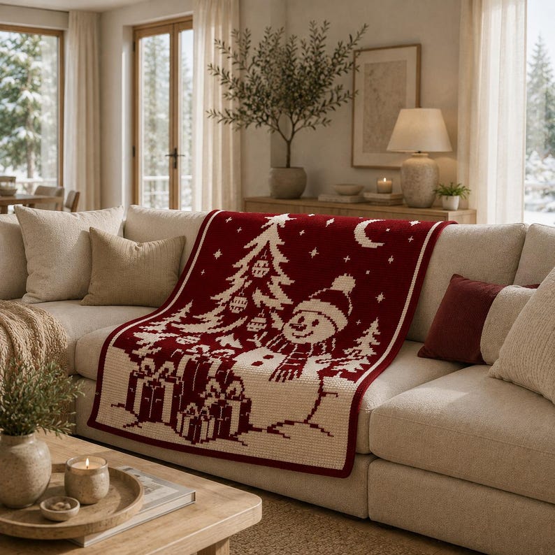 May include: A rectangular knit throw blanket featuring a deep red and cream color scheme. The design displays a central snowman wearing a hat and scarf, a decorated Christmas tree, wrapped gift boxes, a crescent moon, and scattered stars.