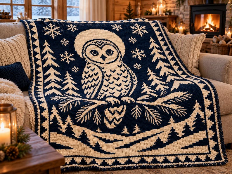 May include: A dark navy blue and cream-colored knit blanket featuring a central owl perched on a pine branch. The design includes surrounding pine trees, falling snowflakes, and a decorative geometric border pattern throughout.