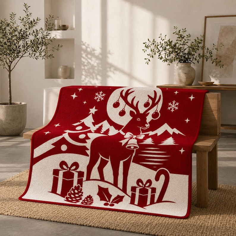 Pode incluir: Uma manta retangular com fundo vermelho profundo e uma estampa gr&aacute;fica branca de uma rena com uma coleira de sino, cercada por &aacute;rvores de Natal, flocos de neve, estrelas, presentes embrulhados e folhas de azevinho numa cena de inverno.