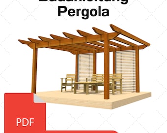 May include: A digital illustration of a wooden pergola with a slatted roof and side panels. The pergola is shown with a table and chairs underneath. The text "Bauanleitung Pergola" and "SOFORT DOWNLOAD" are visible in the image. A red rectangle with the word "PDF" is also visible.