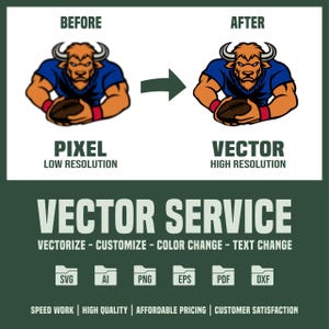 May include: Before and after image showing a pixelated image of a blue and brown bull mascot holding a football, transformed into a high-resolution vector image. The text "VECTOR SERVICE" is displayed below the images, along with the words "VECTORIZE - CUSTOMIZE - COLOR CHANGE - TEXT CHANGE". Below that are icons for SVG, AI, PNG, EPS, PDF, and DXF file formats. The text "SPEED WORK | HIGH QUALITY | AFFORDABLE PRICING | CUSTOMER SATISFACTION" is displayed at the bottom.