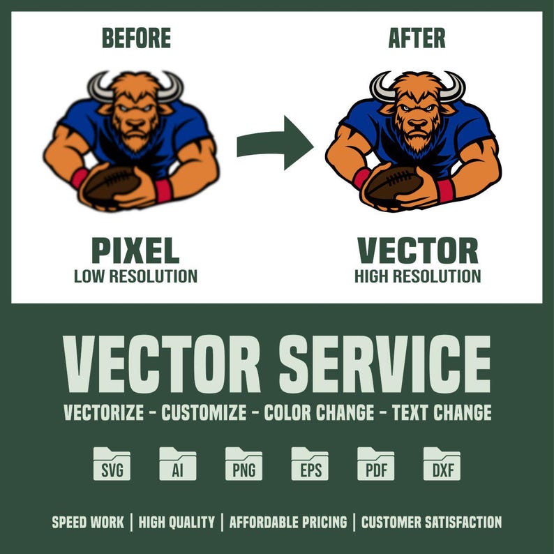 May include: Before and after image showing a pixelated image of a blue and brown bull mascot holding a football, transformed into a high-resolution vector image. The text "VECTOR SERVICE" is displayed below the images, along with the words "VECTORIZE - CUSTOMIZE - COLOR CHANGE - TEXT CHANGE". Below that are icons for SVG, AI, PNG, EPS, PDF, and DXF file formats. The text "SPEED WORK | HIGH QUALITY | AFFORDABLE PRICING | CUSTOMER SATISFACTION" is displayed at the bottom.