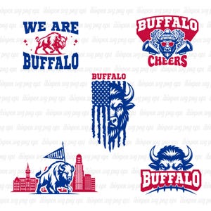 May include: Collection of Buffalo-themed graphic designs in red, white, and blue. Designs include text that says "We Are Buffalo", "Buffalo Cheers", and "Buffalo" with a bison image. Other designs feature the American flag.