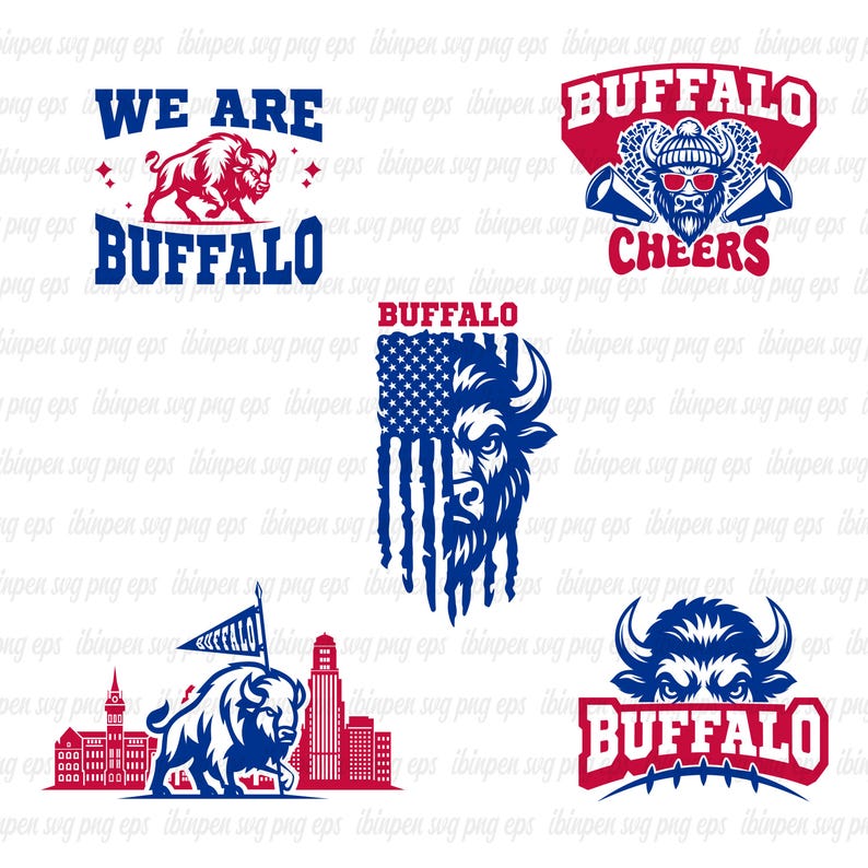 May include: Collection of Buffalo-themed graphic designs in red, white, and blue. Designs include text that says "We Are Buffalo", "Buffalo Cheers", and "Buffalo" with a bison image. Other designs feature the American flag.