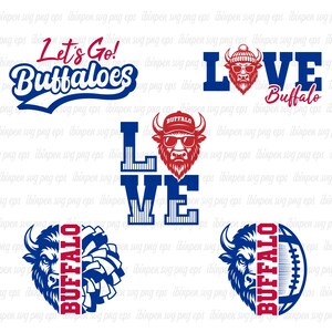 May include: Collection of Buffalo-themed graphics in red and blue. Designs include the text "Let's Go! Buffaloes", "LOVE Buffalo", and stylized buffalo heads with the word "BUFFALO". Also includes a buffalo head with a football and a cheerleader pom-pom.
