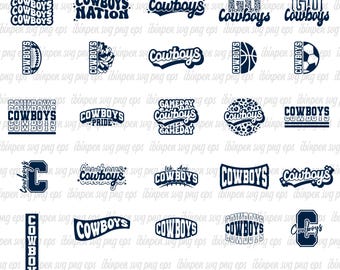 May include: A collection of 20 blue and white graphic designs featuring the word "Cowboys" in various styles and fonts. Some designs include a football, basketball, soccer ball, and a leopard print pattern.