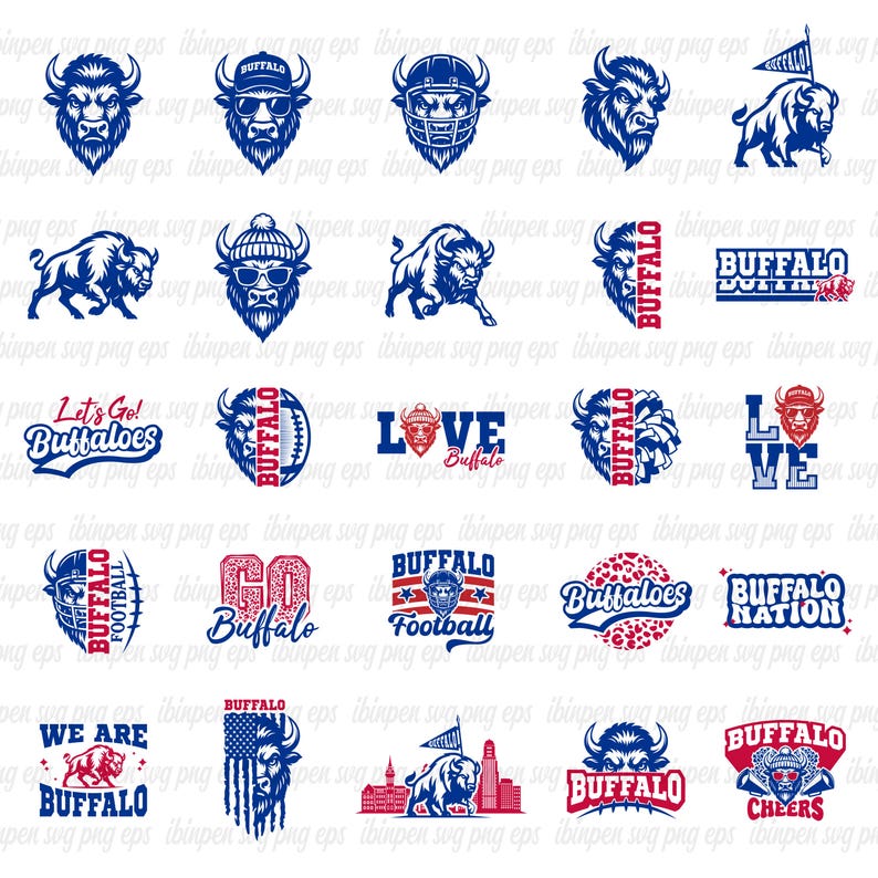 May include: A collection of blue and red Buffalo-themed graphics. Designs include buffalo heads, text like "Buffaloes", "Buffalo Nation", and "Love Buffalo", and images of footballs and flags. Perfect for sports fans.
