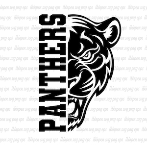 May include: Black and white graphic design of a panther's head with the word "PANTHERS" in bold letters.