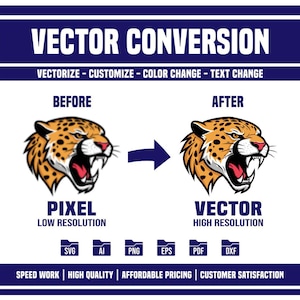 May include: A graphic design service that converts pixel images to vector images. The image shows a before and after example of a jaguar head. The before image is a pixel image with low resolution. The after image is a vector image with high resolution. The text on the image says "VECTOR CONVERSION", "VECTORIZE - CUSTOMIZE - COLOR CHANGE - TEXT CHANGE", "BEFORE", "AFTER", "PIXEL LOW RESOLUTION", "VECTOR HIGH RESOLUTION", "SVG", "AI", "PNG", "EPS", "PDF", "DXF", "SPEED WORK | HIGH QUALITY | AFFORDABLE PRICING | CUSTOMER SATISFACTION".