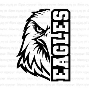 May include: Black and white graphic design of an eagle's head with the word "EAGLES" in bold, block letters.