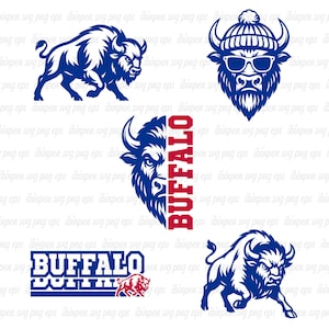 May include: A collection of blue and white buffalo-themed graphics. Designs include a buffalo silhouette, a buffalo head with sunglasses and a beanie, and text that reads "BUFFALO". These graphics are suitable for various applications.
