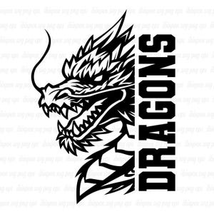 May include: Black and white illustration of a dragon's head facing right with the word "DRAGONS" vertically beside it.