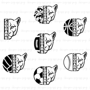 Könnte beinhalten: Schwarz-weiße Cougar-Teamlogos. Jedes Design zeigt einen Cougar-Kopf mit dem Wort "COUGARS" vertikal geteilt. Dargestellte Sportarten sind American Football, Basketball, Baseball, Volleyball, Fußball und Cheerleading.