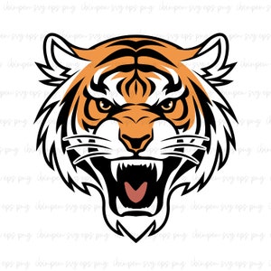 May include: A close-up of a tiger's face with orange and black stripes. The tiger is snarling with its mouth open and teeth showing. The background is white.