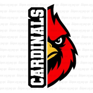 May include: A graphic design featuring a red cardinal bird with a black outline and the word "CARDINALS" in white block letters. The bird's eye is white, and the beak is yellow. The design is suitable for sports team merchandise.