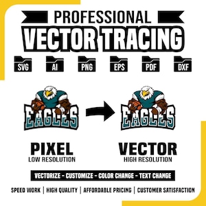 May include: A graphic design showing the process of converting a pixelated image of an eagle mascot into a vector image. The text "PROFESSIONAL VECTOR TRACING" is at the top of the image. The image shows the pixelated image on the left and the vector image on the right. The text "EAGLES" is in both images. The text "PIXEL LOW RESOLUTION" is below the pixelated image and the text "VECTOR HIGH RESOLUTION" is below the vector image. The text "VECTORIZE - CUSTOMIZE - COLOR CHANGE - TEXT CHANGE" is below the images. The text "SPEED WORK | HIGH QUALITY | AFFORDABLE PRICING | CUSTOMER SATISFACTION" is at the bottom of the image.