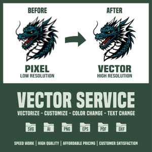 May include: Before and after image showing a blue dragon logo. The image on the left is a pixelated version of the logo. The image on the right is a vector version of the logo. The text below the images reads "Pixel Low Resolution" and "Vector High Resolution". The text below the images reads "Vector Service Vectorize - Customize - Color Change - Text Change". Below the text are icons for SVG, AI, PNG, EPS, PDF, and DXF file formats. The text below the icons reads "Speed Work | High Quality | Affordable Pricing | Customer Satisfaction".