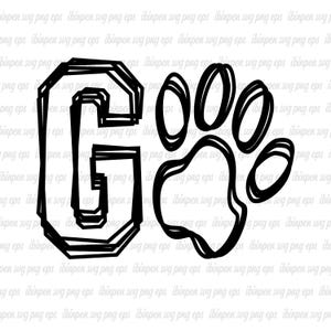Op de afbeelding: Zwart-wit grafisch ontwerp van de letter G met een pootafdruk rechts. De letter G is gestyled om eruit te zien als een collegebrief.